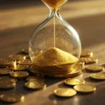 An hourglass with sand falling beside scattered gold coins, illustrating the value of time over wealth.