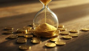 An hourglass with sand falling beside scattered gold coins, illustrating the value of time over wealth.