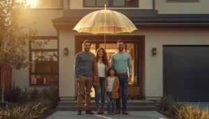 A family standing in front of a modern home under a glowing umbrella representing financial protection.