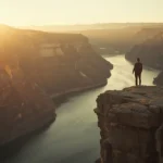 Person standing on a cliff at sunrise overlooking mountains and rivers, symbolizing self-discovery and personal growth.