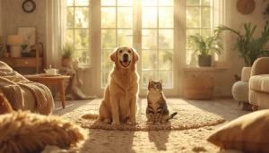 A dog and a cat sitting side by side in a sunlit living room, surrounded by soft cushions and warm textures, showcasing a peaceful and heartwarming moment between cats and dogs.