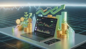 "Futuristic workspace with sleek black laptop and smartphone on a minimalist glass desk, surrounded by glowing holographic financial charts, upward-trending arrows, cryptocurrency symbols, and cascading gold coins, set against an infinite digital grid background with vibrant neon lighting."