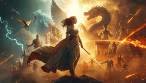 Symbolic woman standing between divine light and human shadow representing faith power and inner conflict across mythologies