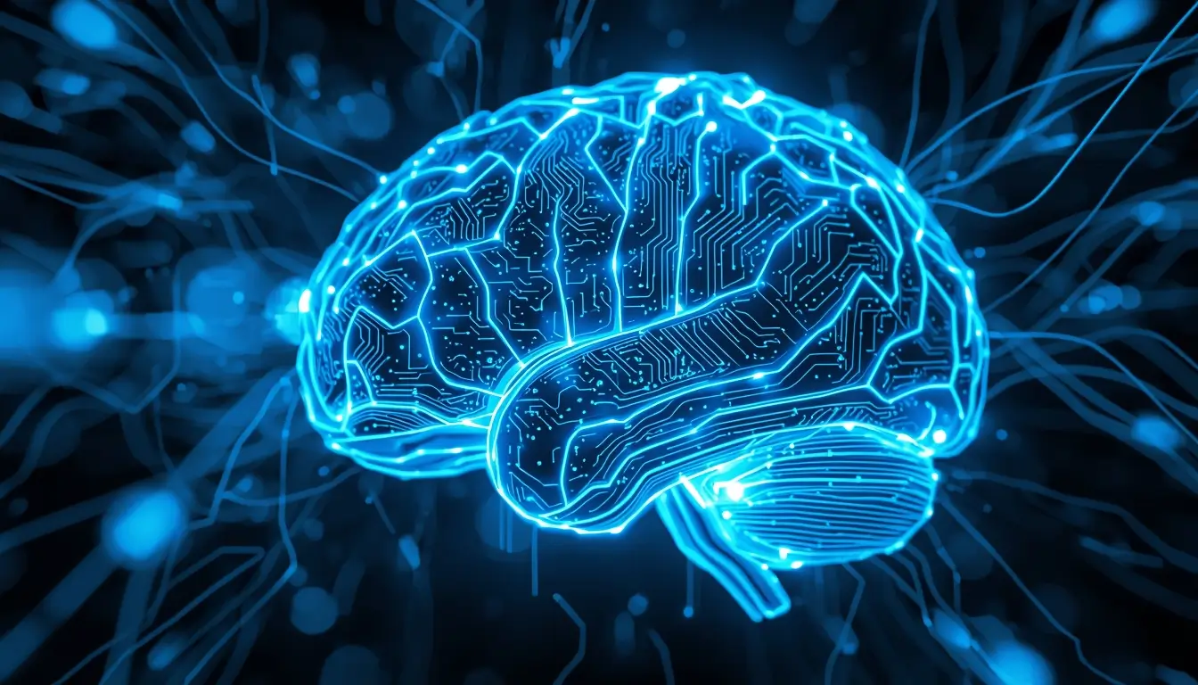 Glowing digital brain made of light-blue circuits with futuristic energy waves in the background