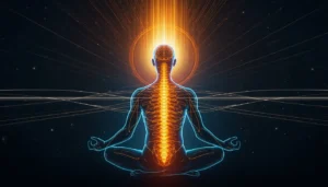 Meditation practice boosting mental focus and brain power with glowing energy
