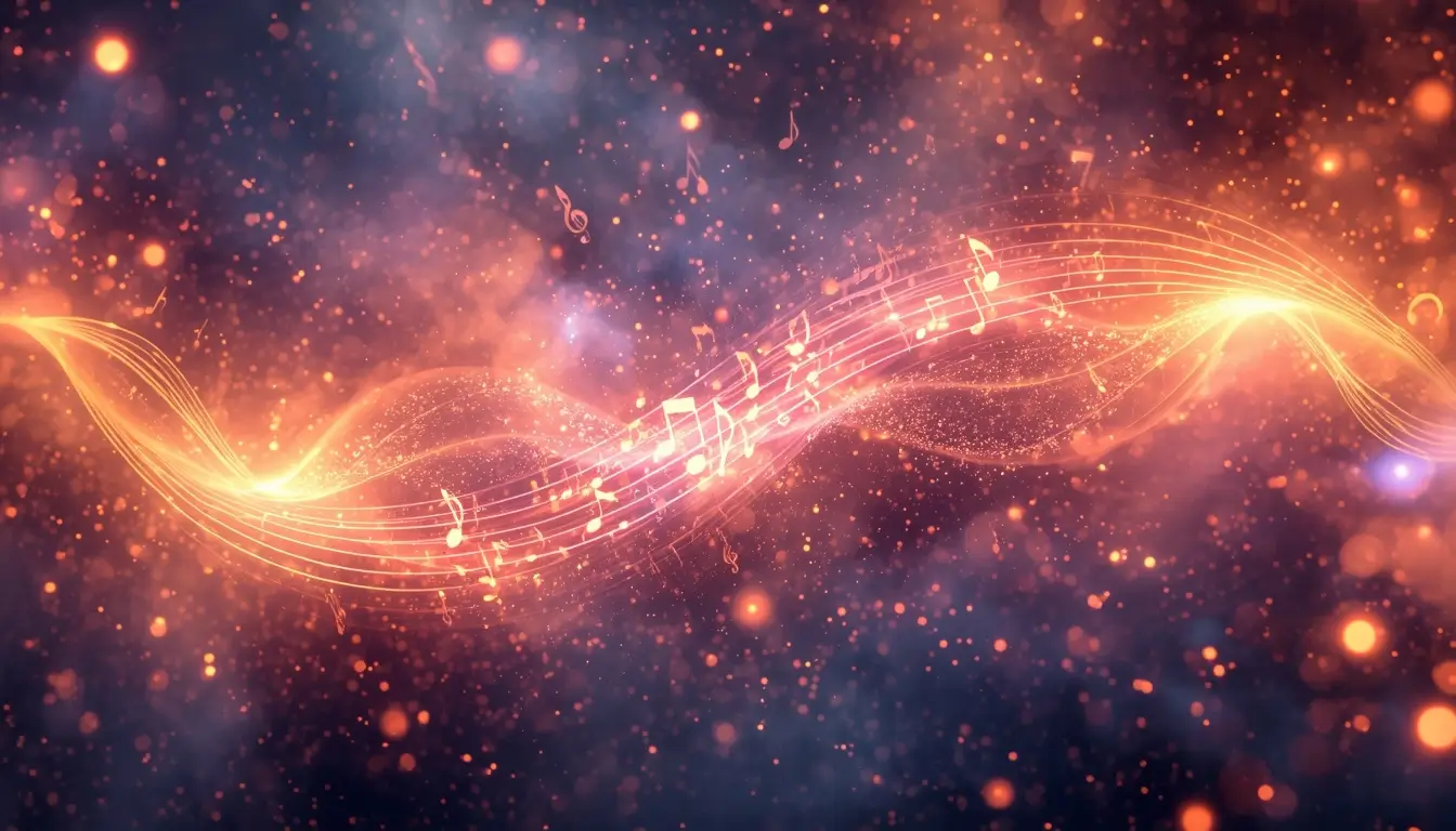 Meditating human figure surrounded by glowing musical notes and flowing sound waves representing healing and universal connection