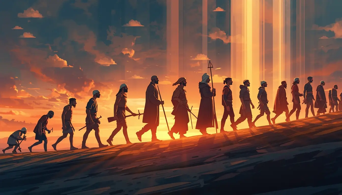 Illustration showing humans from prehistoric to modern times working together across a continuous timeline.