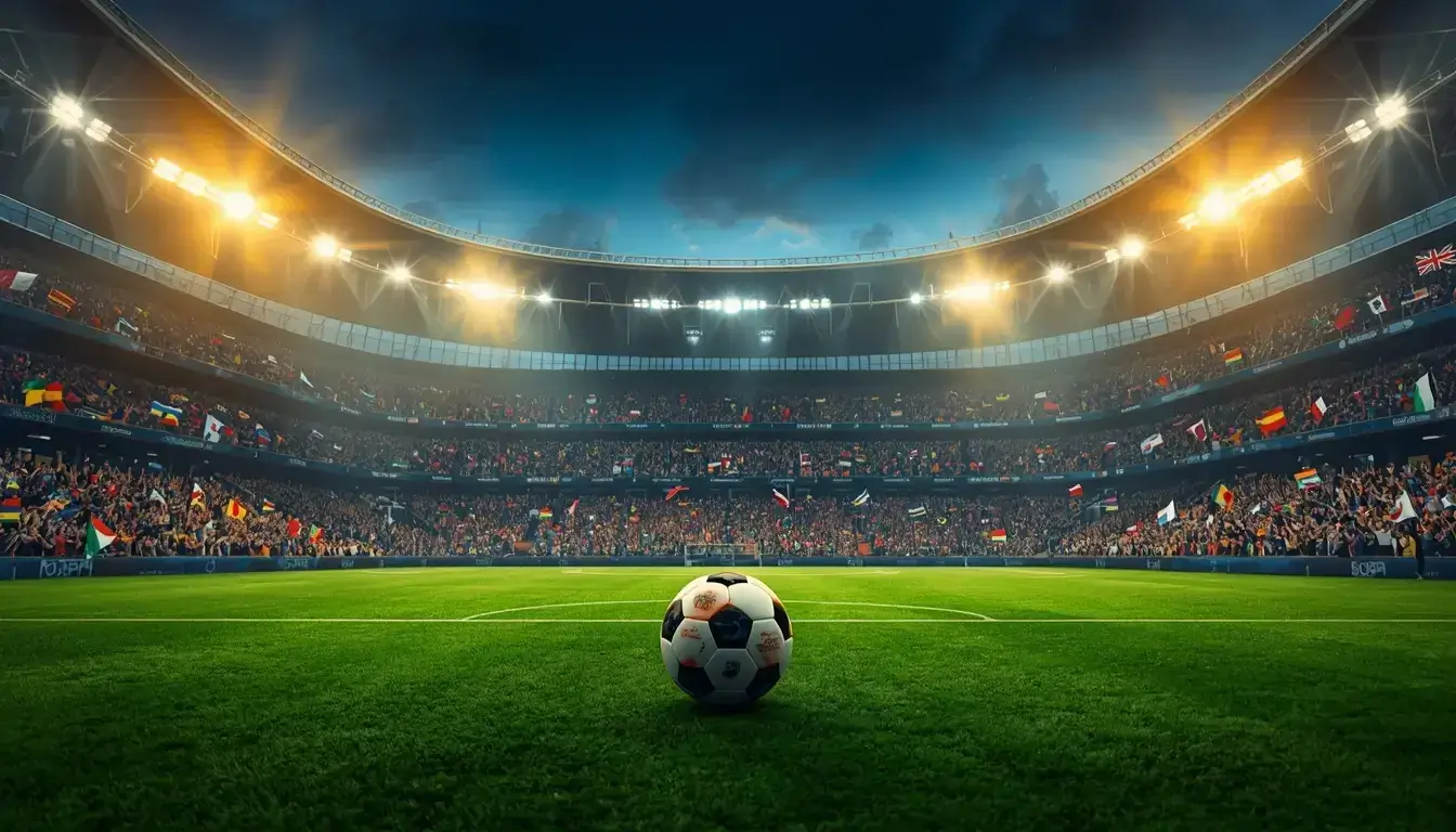 A global football stadium filled with diverse fans cheering as a football rests on the pitch under bright stadium lights