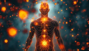 Human figure glowing with nutrients and water molecules, symbolizing life, health, and survival