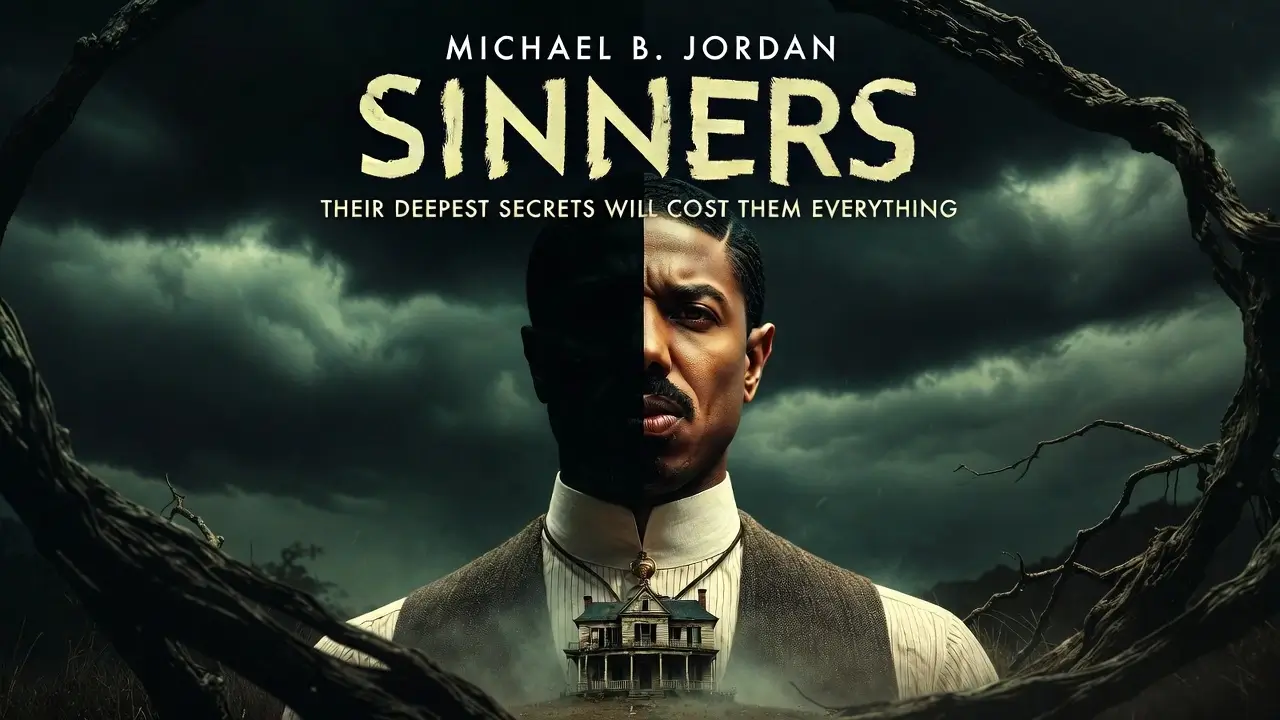 Hyper-realistic cinematic poster of Sinners Movie showing Michael B. Jordan as twin brothers in a 1930s Southern Gothic town with mystical shadows, fog, and glowing symbols, cinematic lighting highlighting their faces.