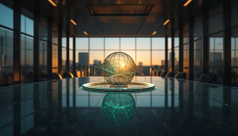 "Ultra-realistic cinematic modern European startup workspace at sunrise with sleek glass and metal architecture, glowing abstract holographic network symbolizing entrepreneurship, innovation, and global impact, with navy, emerald, and gold accents highlighting authority, growth, and success."
