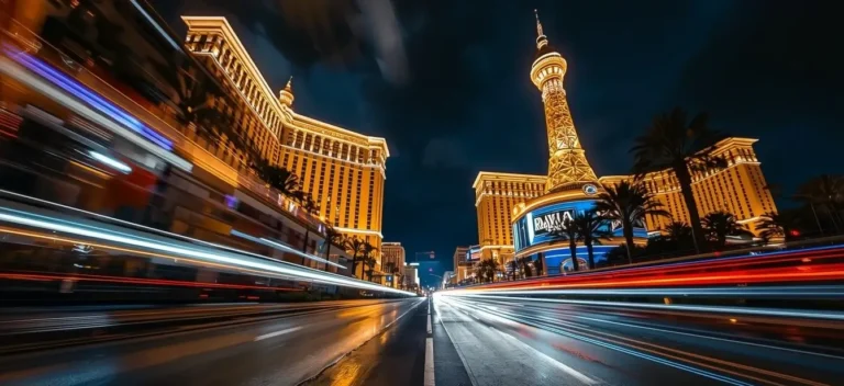 Night view of Las Vegas Strip with glowing neon lights reflecting on wet pavement, luxury casinos towering under a dark sky