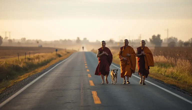 Buddhist monks walking peacefully along a quiet road in the United States during a Walk for Peace at sunrise