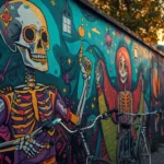 Whimsical abstract skeleton-inspired street mural with glowing geometric patterns, vibrant clothing, and urban elements, illuminated by golden hour light with teal shadows, colorful and immersive city wall artwork