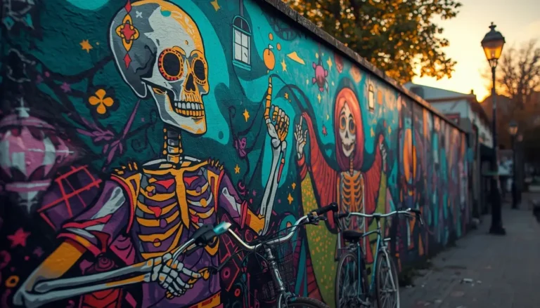 Whimsical abstract skeleton-inspired street mural with glowing geometric patterns, vibrant clothing, and urban elements, illuminated by golden hour light with teal shadows, colorful and immersive city wall artwork