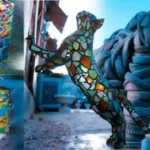 sculpture made from recycled junk materials showing creative upcycled art and sustainable design