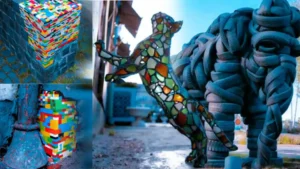 sculpture made from recycled junk materials showing creative upcycled art and sustainable design