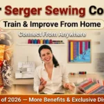 Woman learning serger sewing course online at home, mastering thread tension and coverstitch techniques