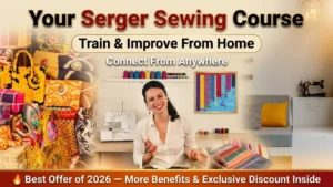 Woman learning serger sewing course online at home, mastering thread tension and coverstitch techniques