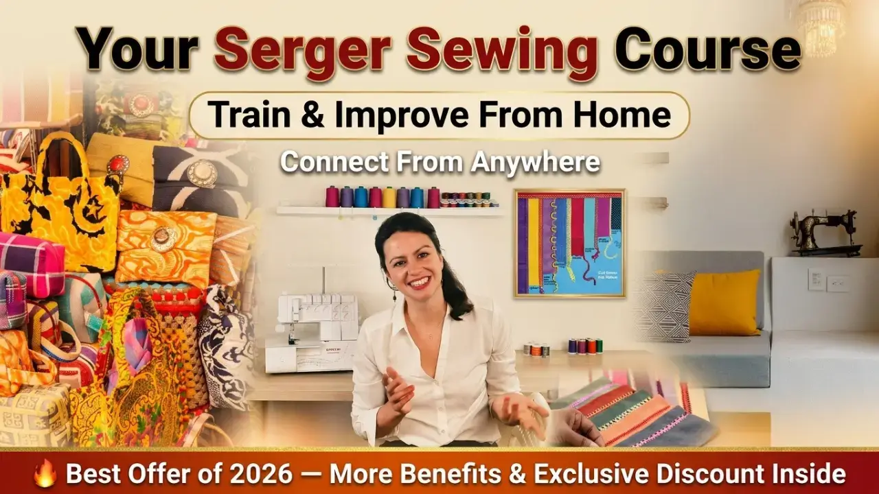 Woman learning serger sewing course online at home, mastering thread tension and coverstitch techniques