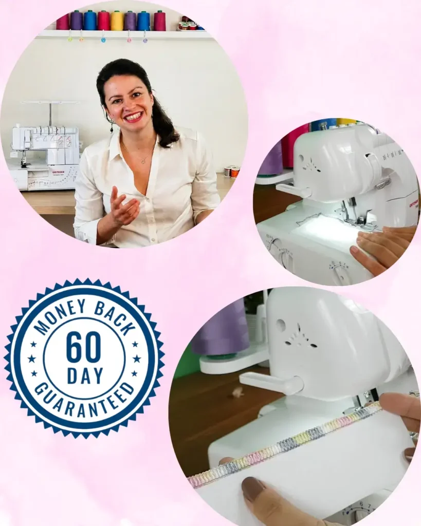 60-day money-back guarantee badge for the Love Your Serger online course.
 Official 60-day money-back guarantee seal, reassuring potential students that the serger sewing course purchase is fully risk-free.